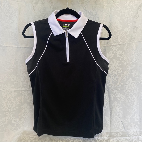 Woman’s IZOD Sleeveless Collared Zip front Black and White Athletic Top - Picture 1 of 3